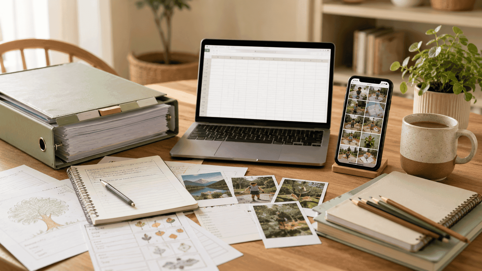 Homeschool record keeping with a binder, spreadsheet, phone photos, and organized learning records.