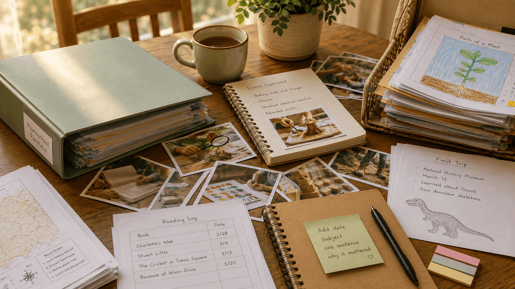 Printed homeschool photos, notebooks, worksheets, and a portfolio binder arranged on a warm wooden table.