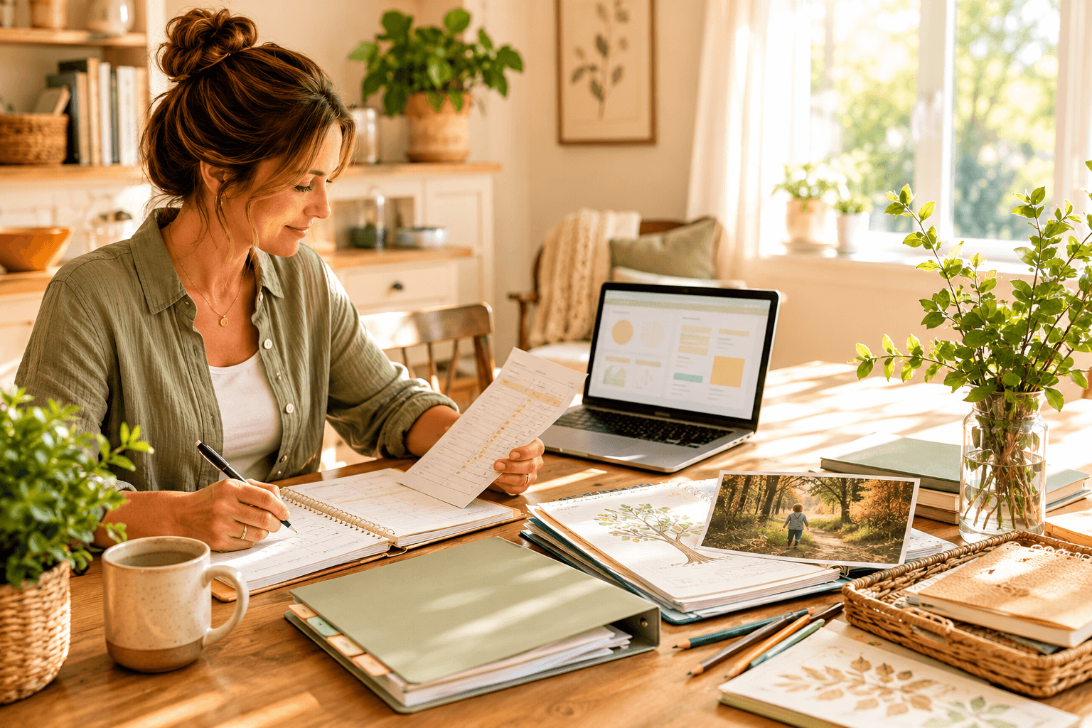 Parent at a kitchen table with worksheets, notebooks, learning photos, and a laptop or tablet.