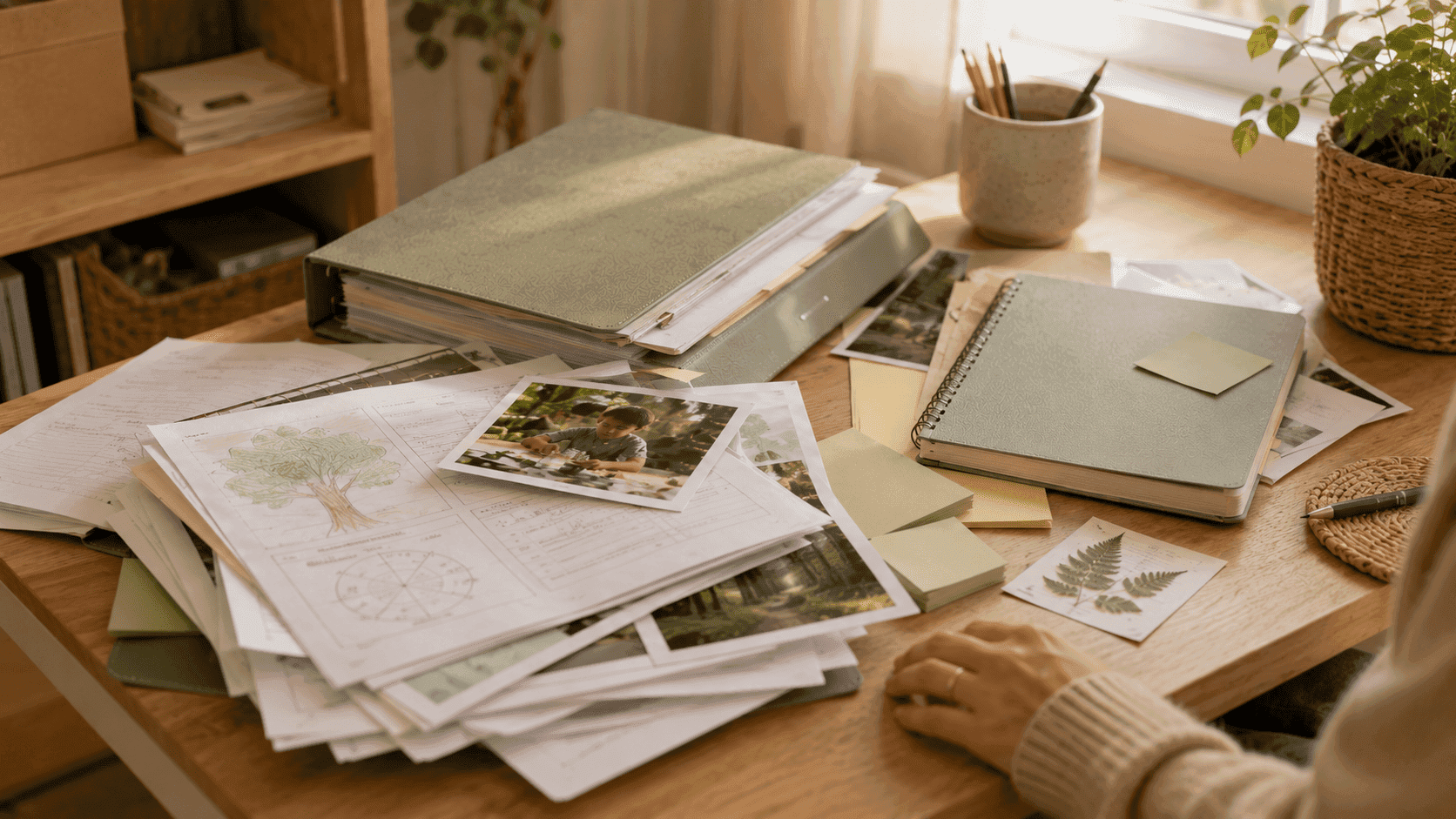 Scattered homeschool worksheets, photos, and notes waiting to be organized.